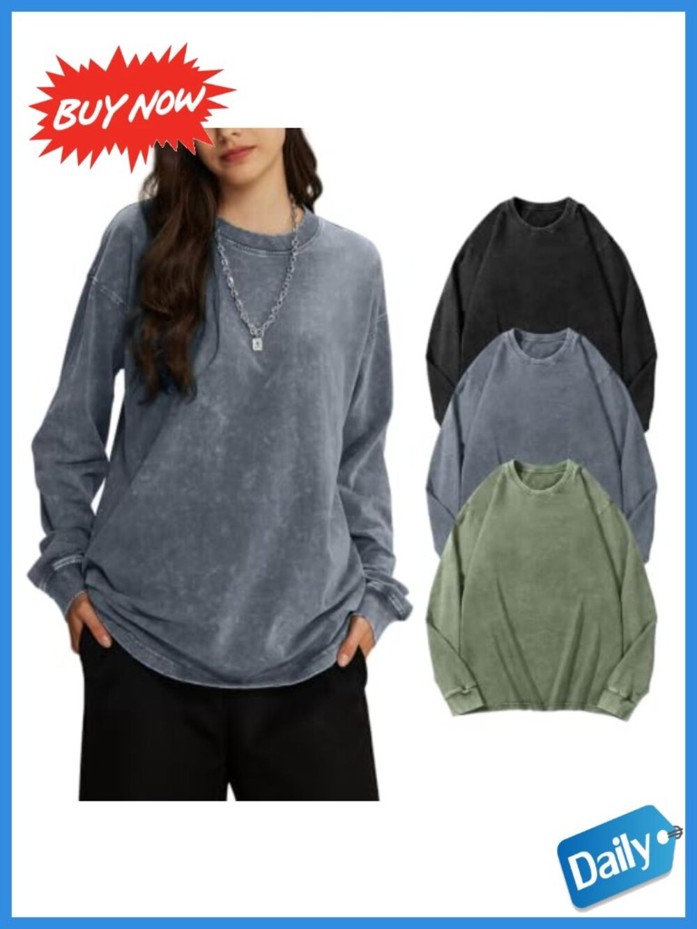 Oversized Long Sleeve Crewneck Sweatshirt Acid Wash Pullover Y2K